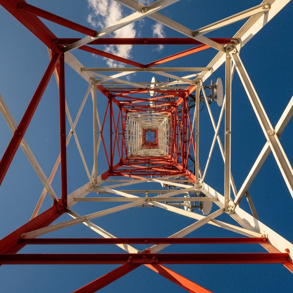 Looking up through a red and white lattice tower against a blue South African sky
